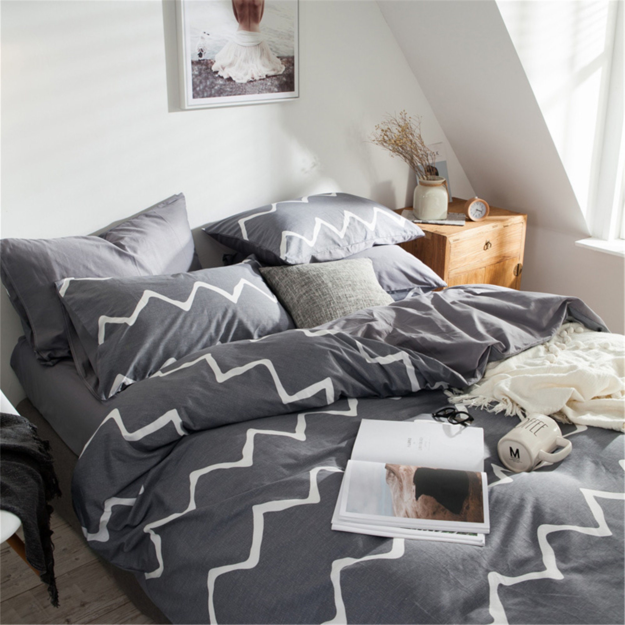 Gray Cotton Duvet Cover Set Chevron Comfortable 100 Cotton Etsy