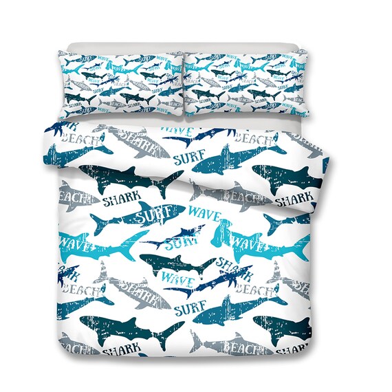Seaworld Shark Duvet Cover Kids Lifelike Cartoon Blue Etsy