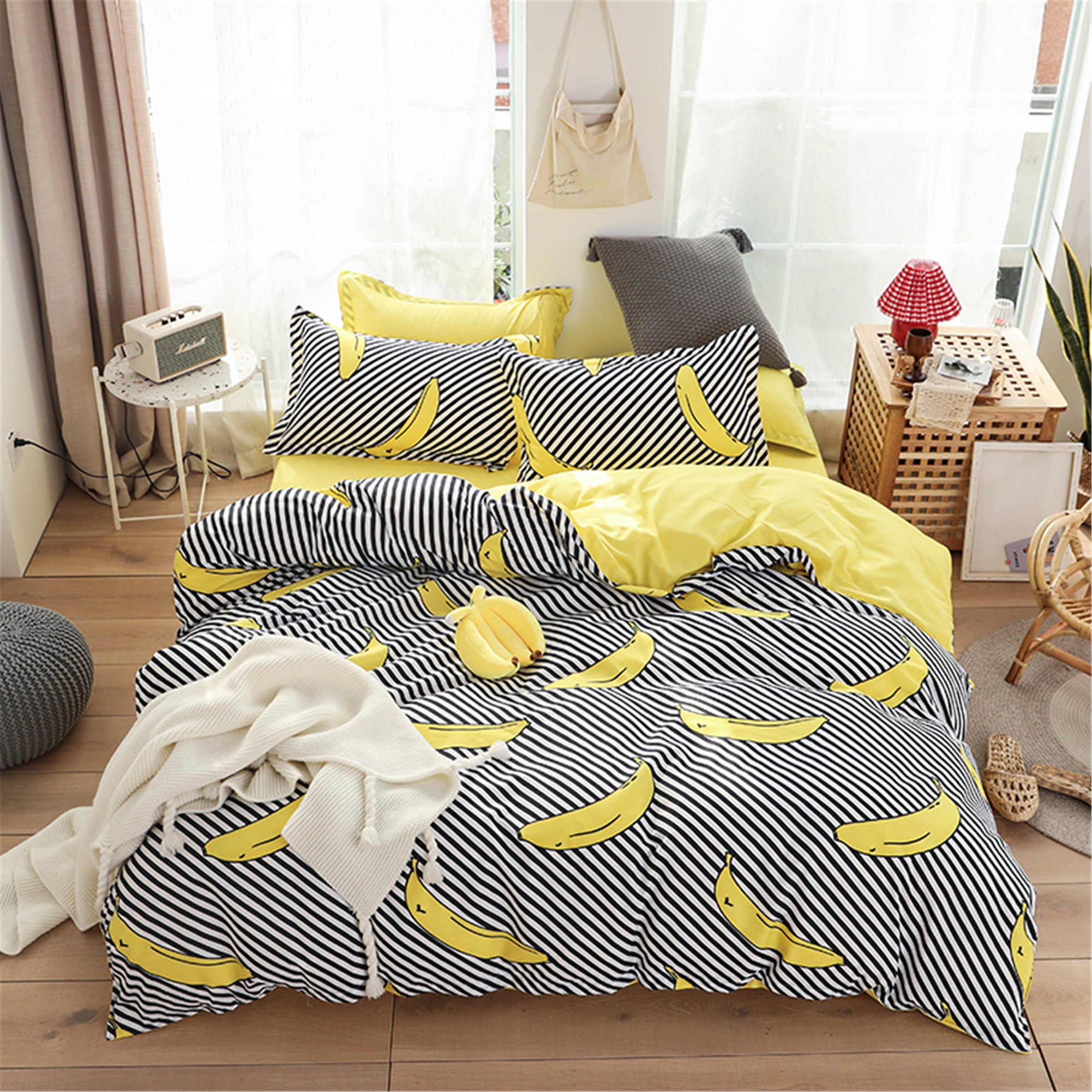 Yellow Bananas Striped Duvet Cover Set Soft Summer Bedding Etsy