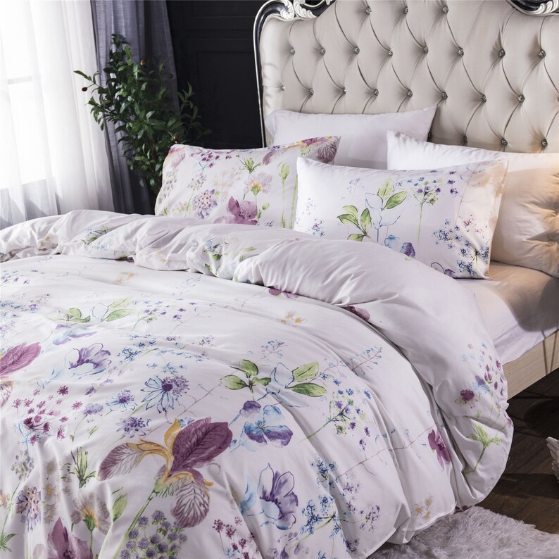 Lilac Flowers Duvet Set White Floral Duvet Cover With 2 Etsy