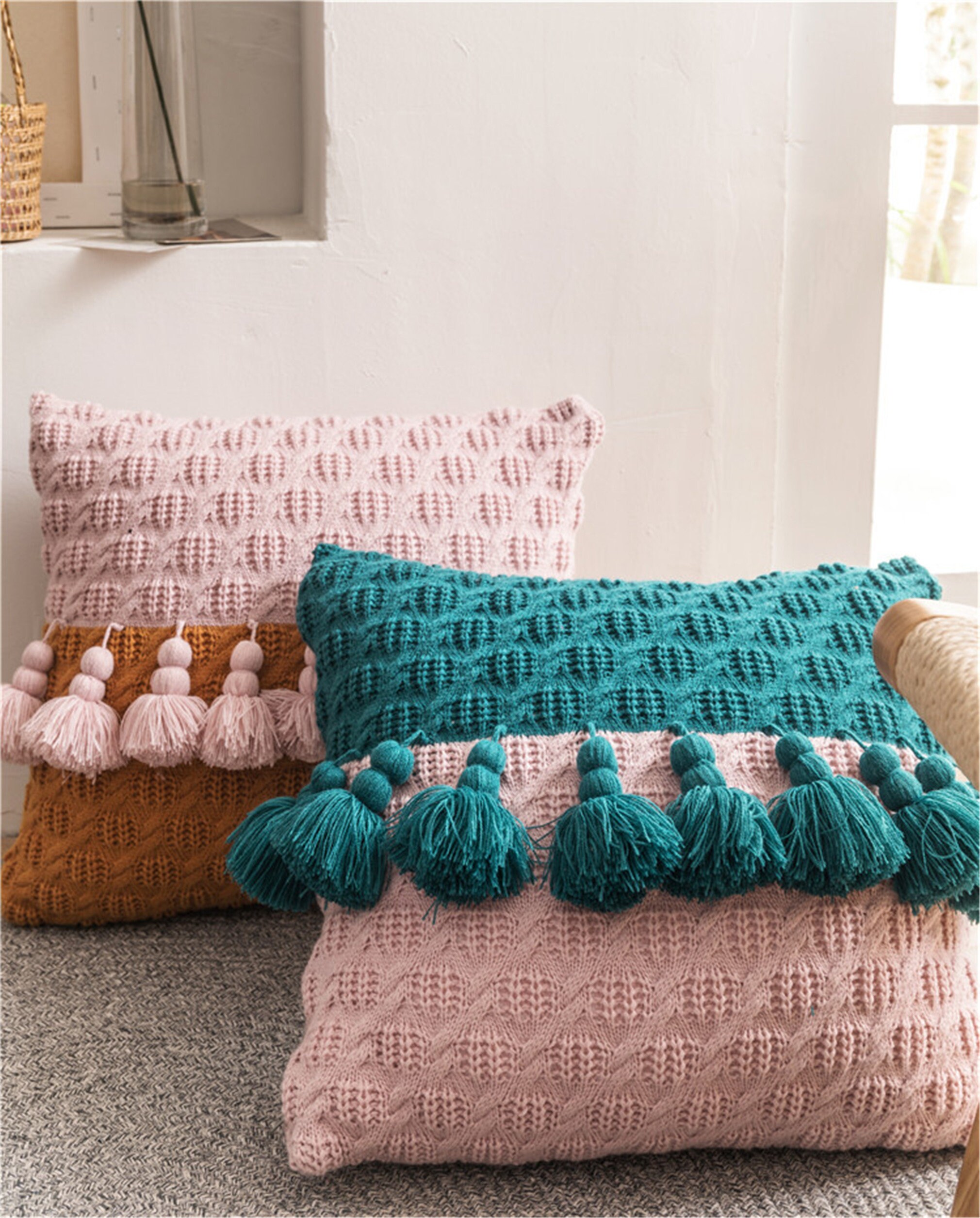 Knitted Color Matched Tassel Pillow Cushion Cover for Sofa in Etsy
