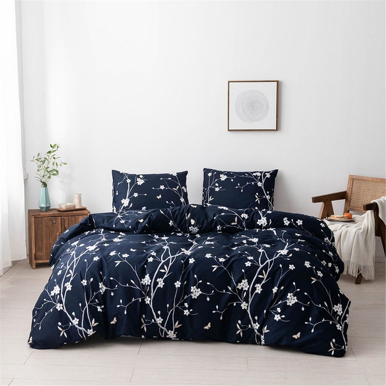Navy Duvet Cover Set Flowers Comforter Cover Dorm Floral Etsy UK