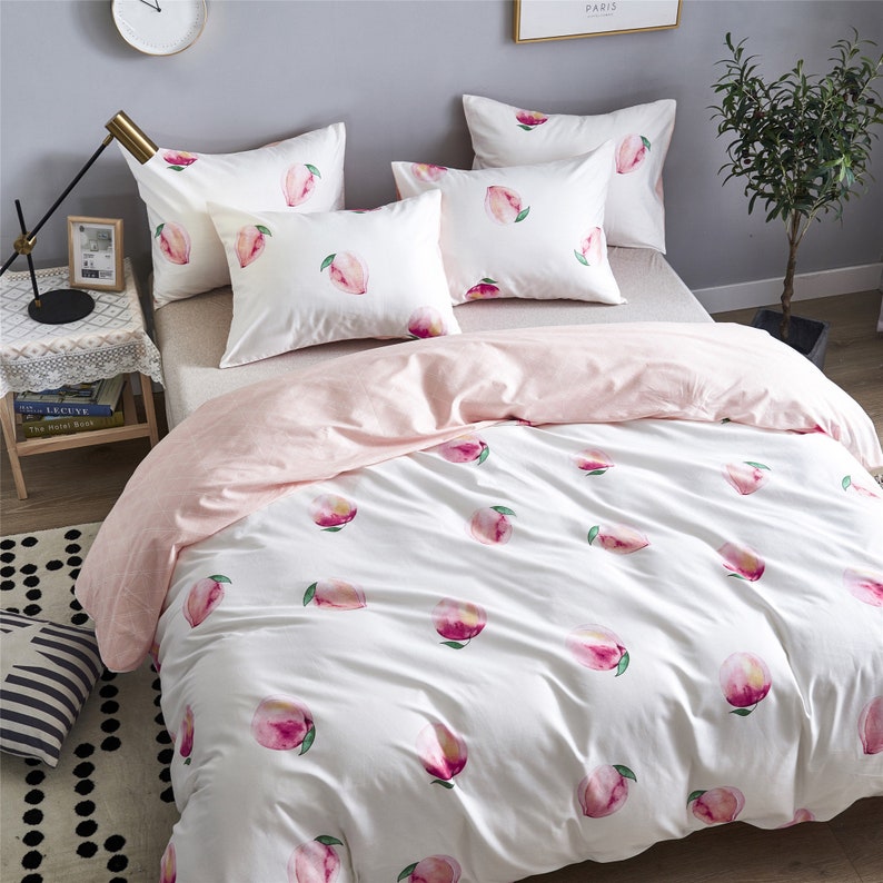 Erosebridal Cartoon Duvet Cover Set Full Pink Peach Bedding Kid Kawaii Girl Lovely Comforter Cute Fruits Quilt Tropical Plant Reversible Soft Bedspread Room Decor