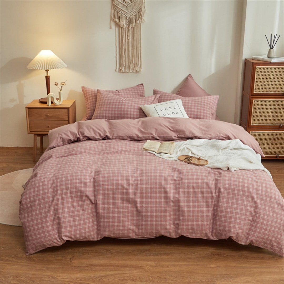 100 Cotton Blush Pink Gingham Bedding Set Simple Plaid Duvet Etsy