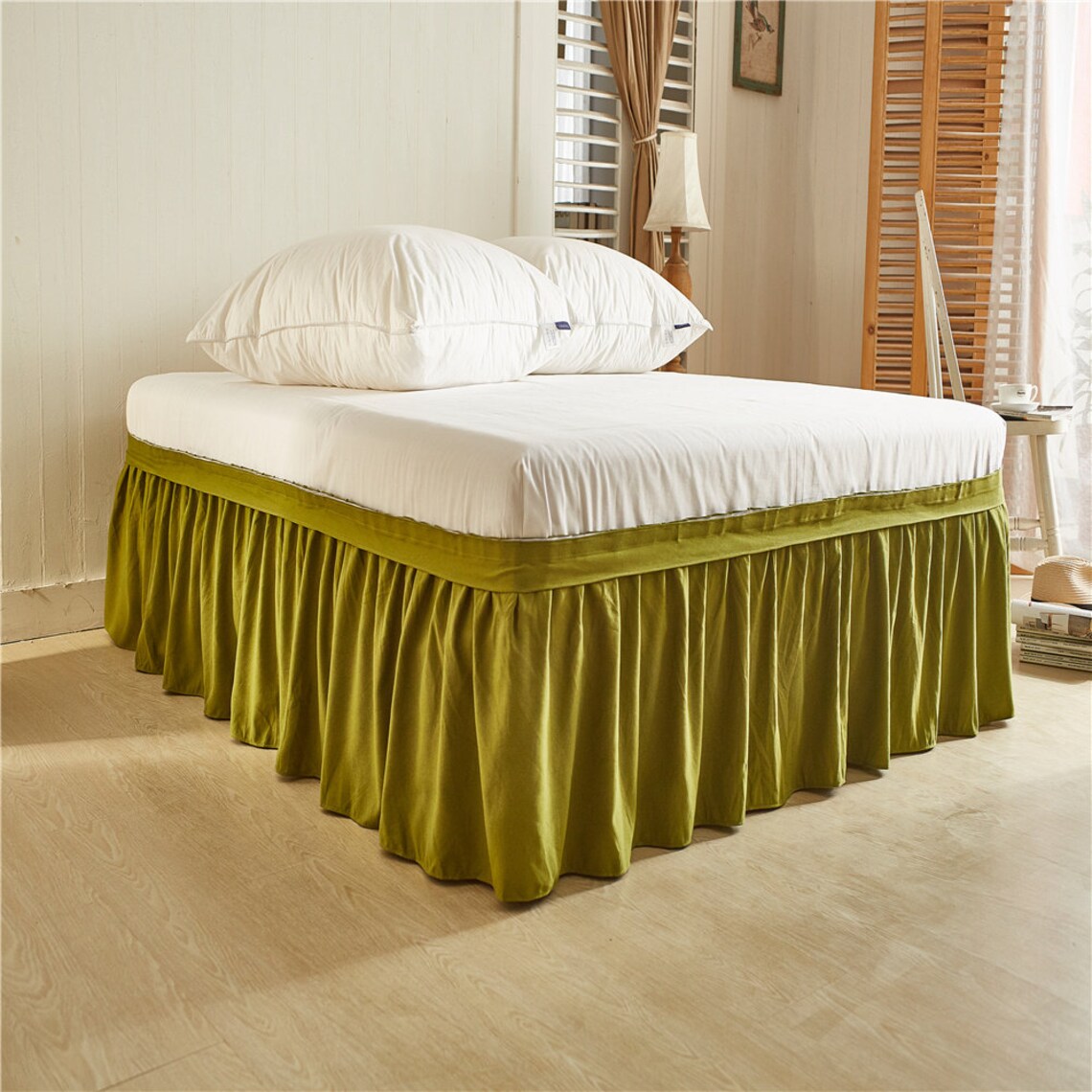 Olive Green Bed skirt Shabby Chic Bedding Natural Colors Etsy