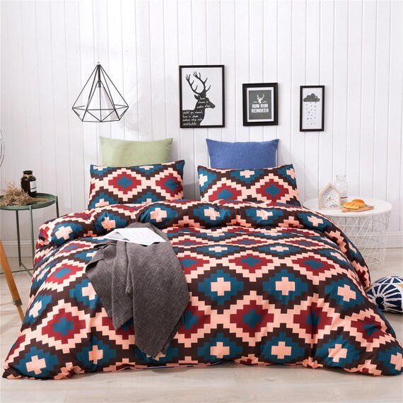 Diamond Blue Orange Duvet Set Boho Holiday Duvet Cover Rhombus Etsy