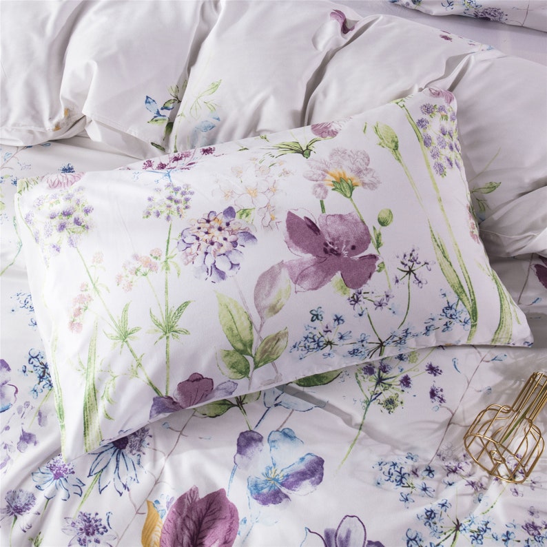 Lilac Flowers Duvet Set White Floral Duvet Cover With 2 Etsy