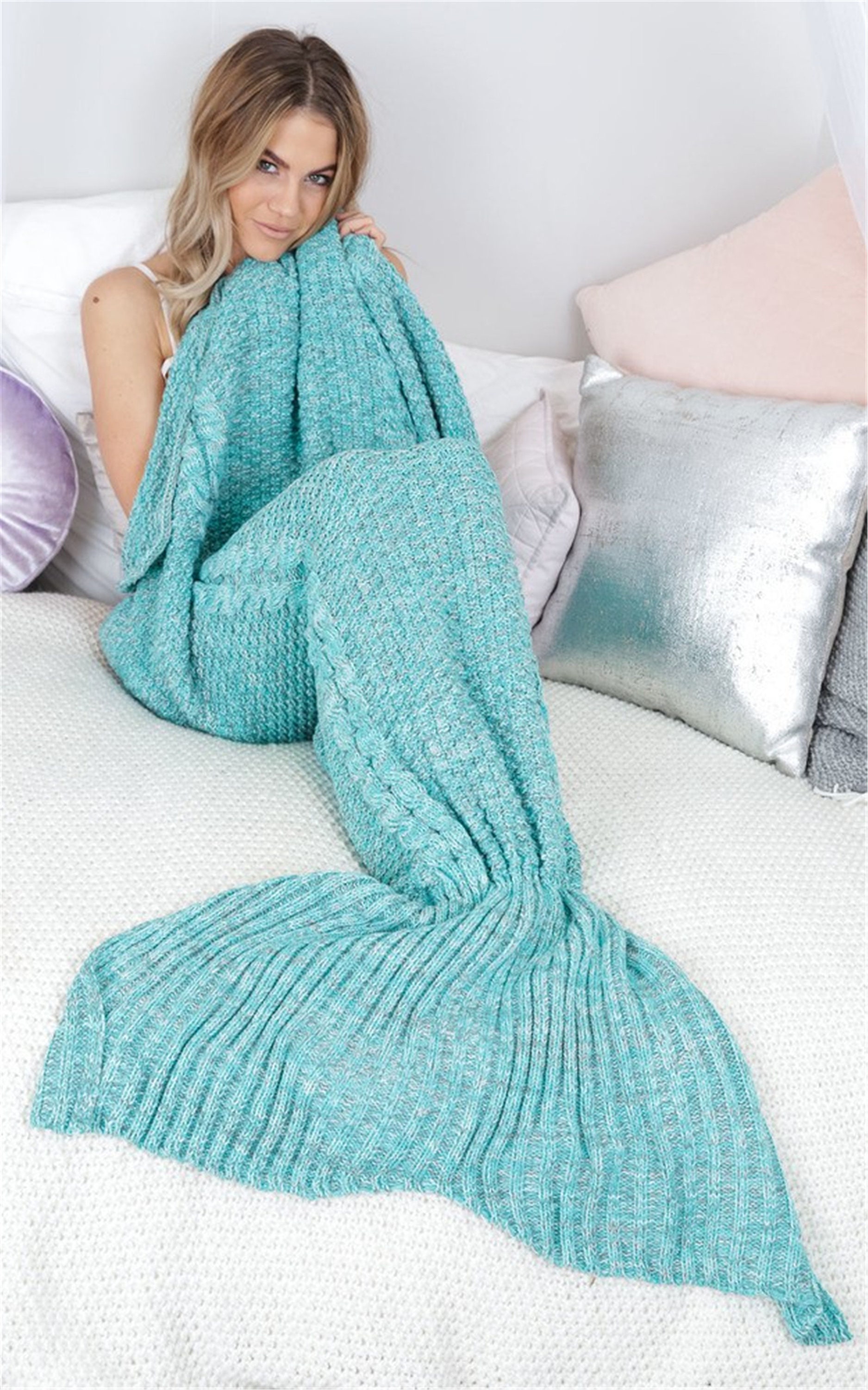 Sweet Knitted Mermaid Tail Blanket Cyan Blankets and Throws Etsy