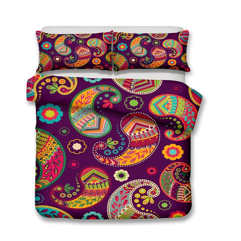 Dark Purple Boho Duvet Cover Plants Bedding Geometric Pattern Etsy