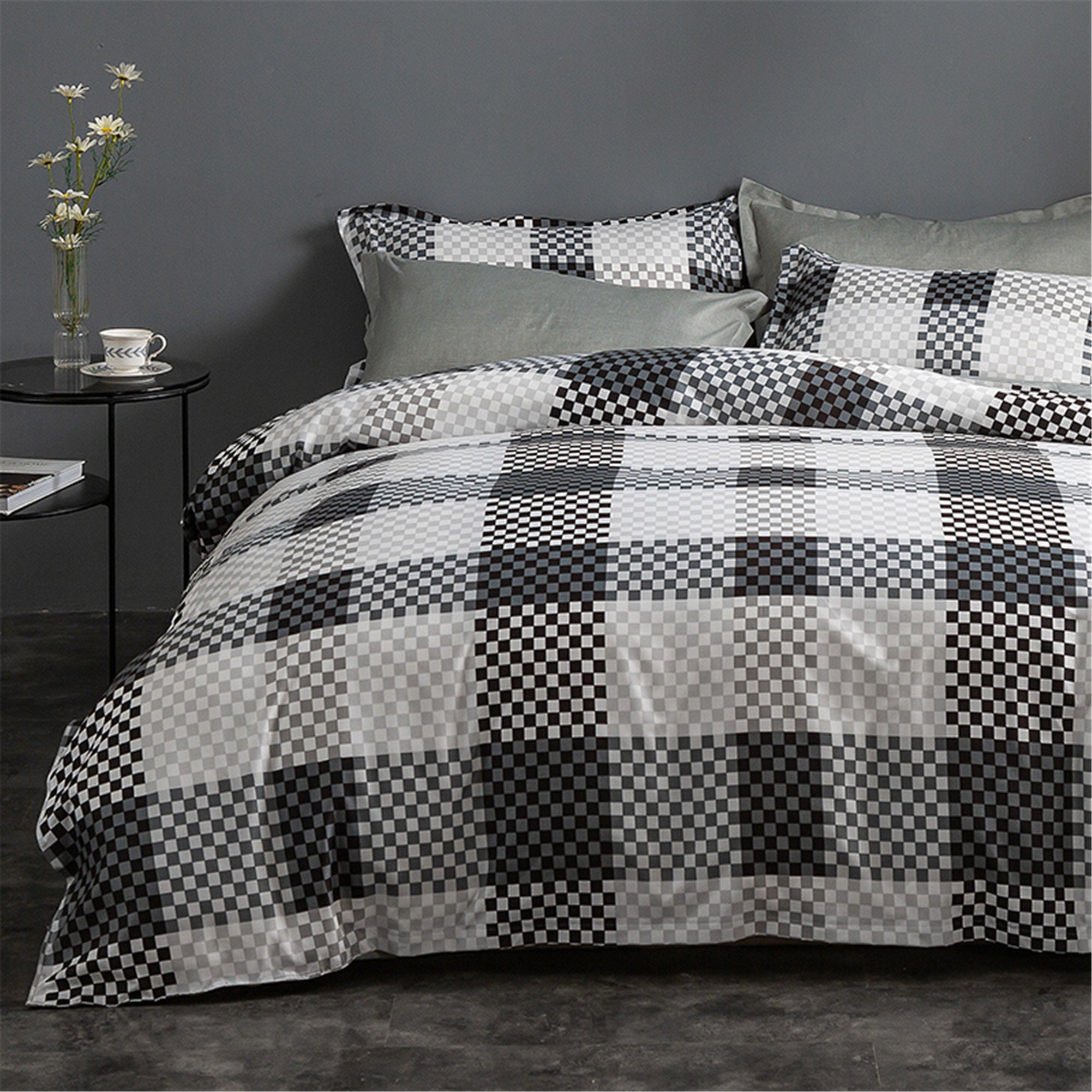 Mosaic Black White Gray Modern Duvet Cover Set Soft Summer | Etsy