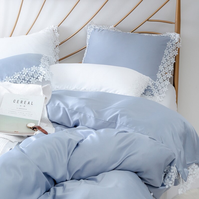 Highgrade Sky Blue Duvet Cover Soft Modal Lace Flowers Edge Etsy
