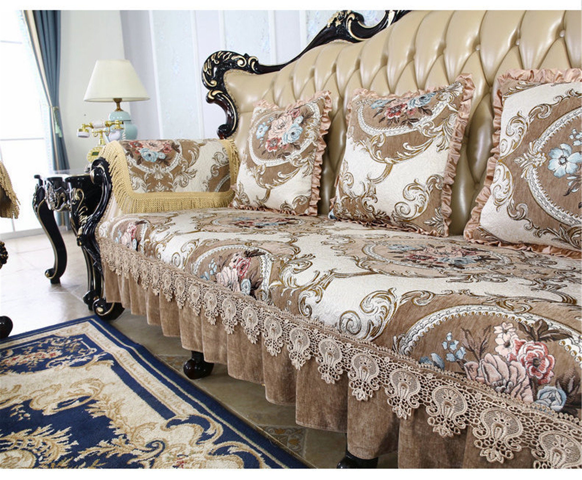 Vintage Floral European Jacquard Sofa Cushion Cover 3 Seater Etsy Hong Kong