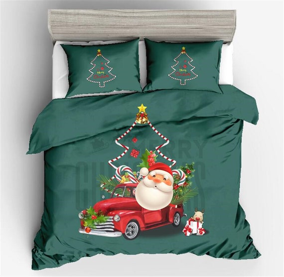 Christmas Themed Duvet Cover Green Red Deer Car Snow Duvet Set Etsy