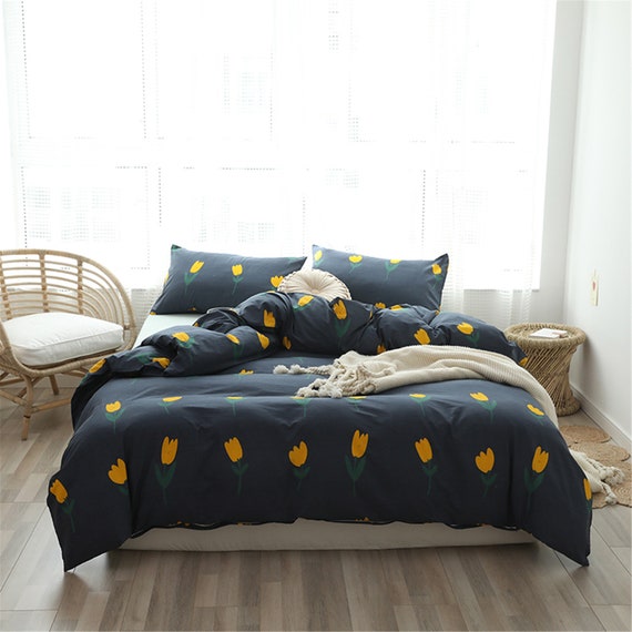 Dark Blue Duvet Cover Yellow Tulip Quilt Cover Cotton Doona Etsy