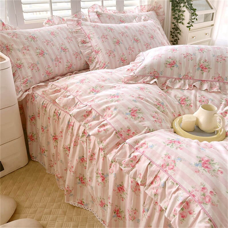 Pink Roses Duvet Cover Floral Ruffled Duvet Cover 100 Cotton Etsy