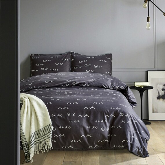 Dark Gray Duvet Cover Eyelashes Ornament Pillowcases Etsy