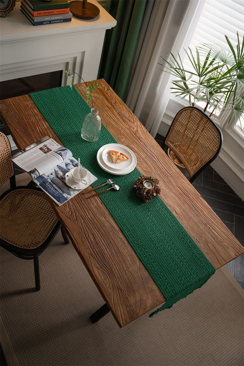 Dark Green Table Runner With Tassels Cotton Table Runners Etsy