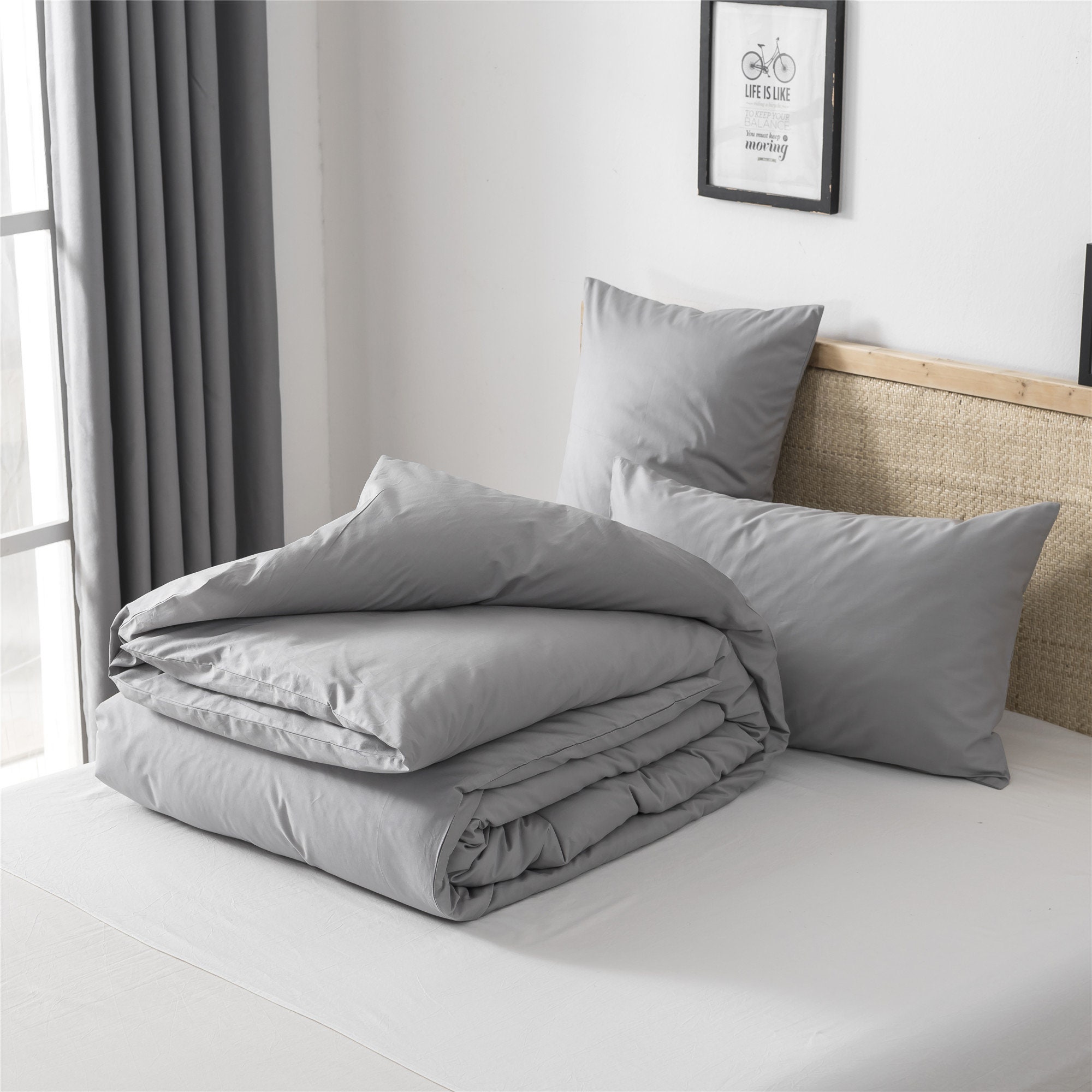 Minimalist Light Gray 100 Cotton Duvet Cover Set Solid Color Etsy
