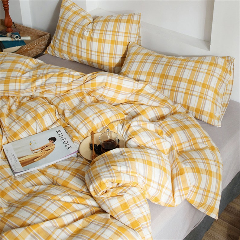 Mango Yellow Gingham Bedding Sets Soft Washed Cotton Cozy Etsy