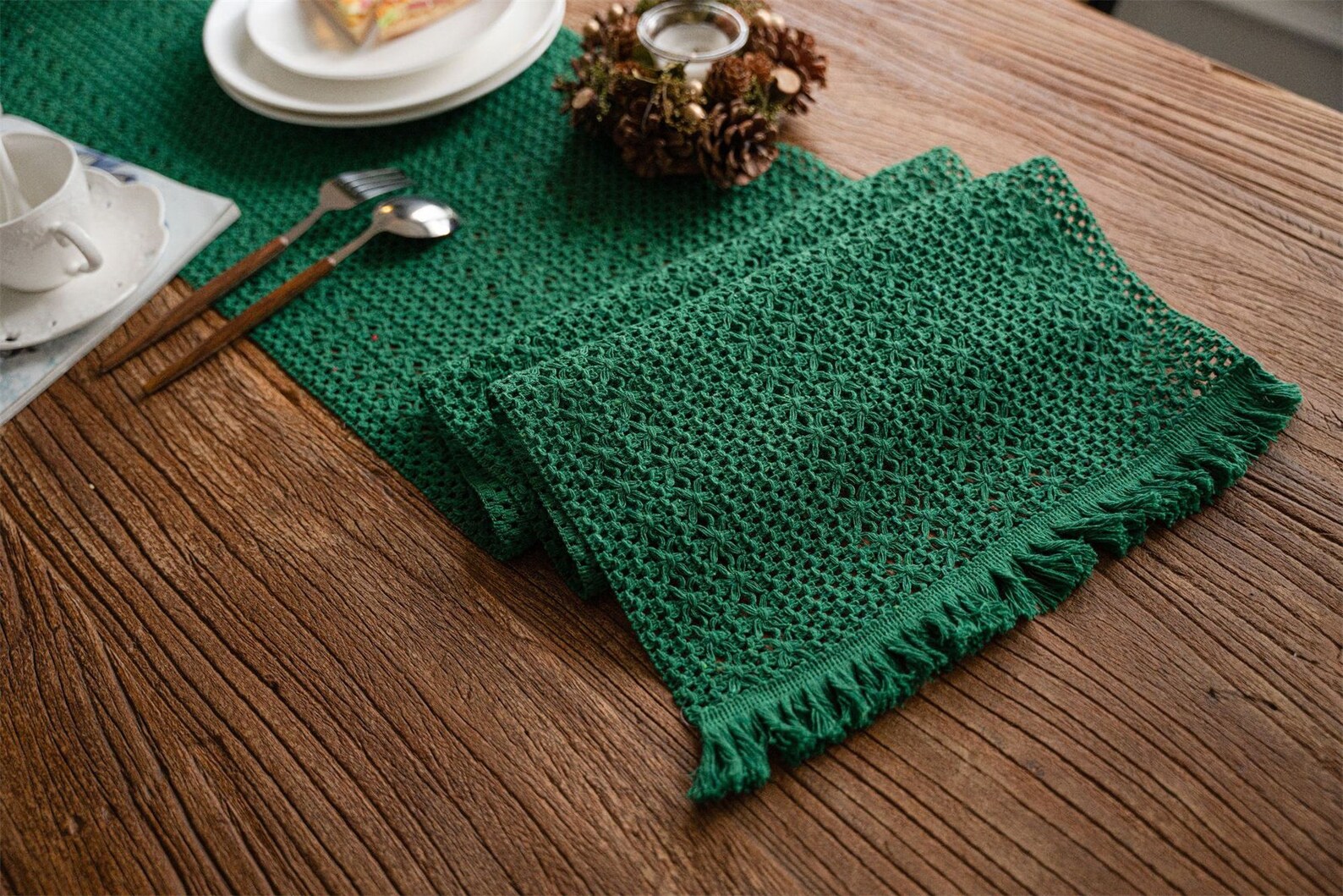 Dark Green Table Runner With Tassels Cotton Table Runners Etsy
