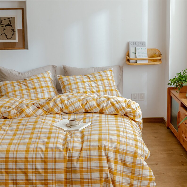 Mango Yellow Gingham Bedding Sets Soft Washed Cotton Cozy Etsy