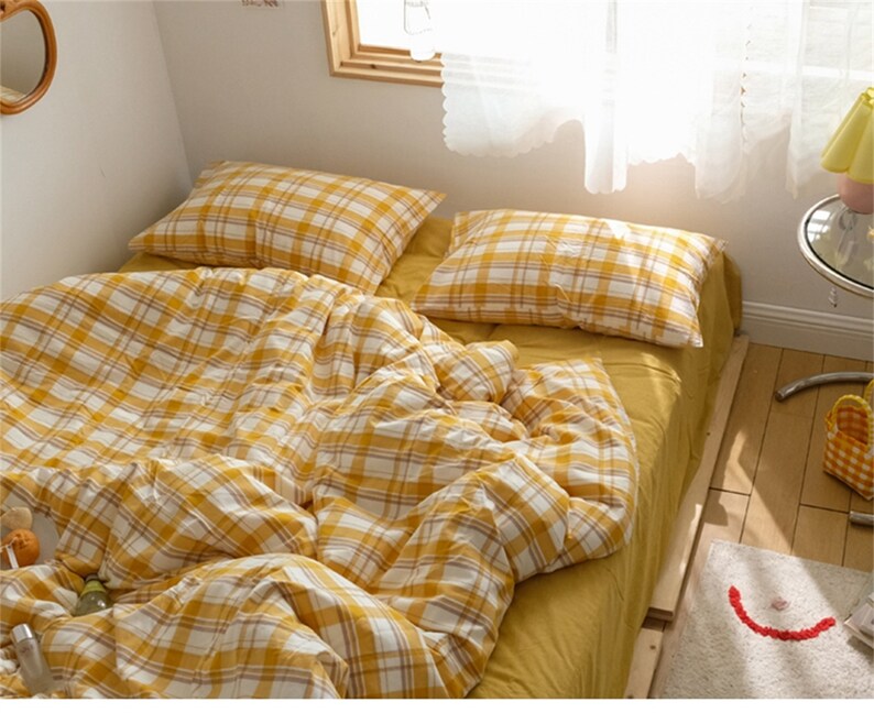 Mango Yellow Gingham Bedding Sets Soft Washed Cotton Cozy Etsy