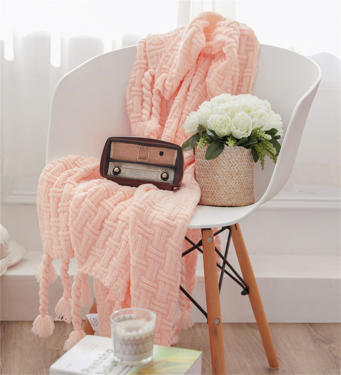 Light Pink Throw Blanket 51x63 Woven Tassel Etsy