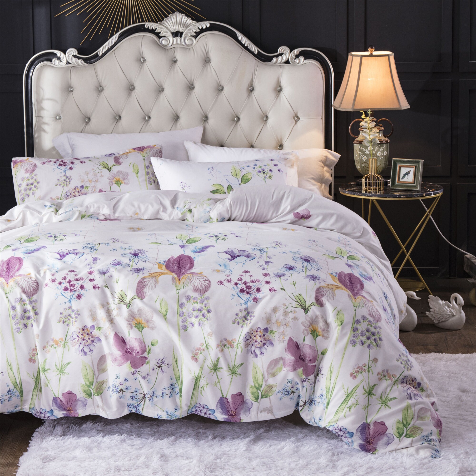 Lilac Flowers Duvet Set White Floral 