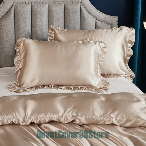 Ruffled Edge Light Khaki Glossy Duvet Cover with Pillowcase Silk-like Comforter Cover orders Bedding Set Soft Duvet Cover Twin Full Queen King UK