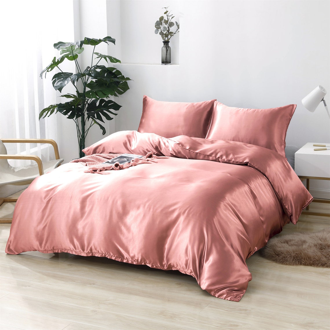 Apricot Pink Silky Summer Bedding Sets Duvet Cover Set Flat Etsy