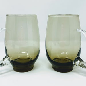 Two Retro Vintage Libbey Tawny Smokey Tempo Mid Century Modern Glass Tankards.