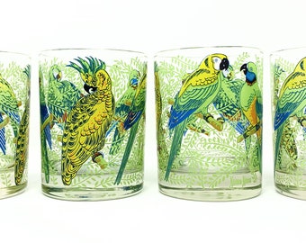 Set of Four Rare Retro Vintage Double Old Fashioned Neiman-Marcus Tropical Parrot Glasses/Barware/1980’s