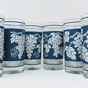 Six Vintage Mid Century Hazel - Atlas ATC41 “White Grapevine” Highball Glasses