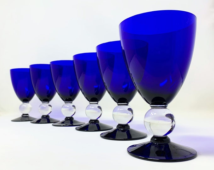Set Of Six Vintage Bryce Glass Cobalt Blue Contour Goblets 1940s Etsy