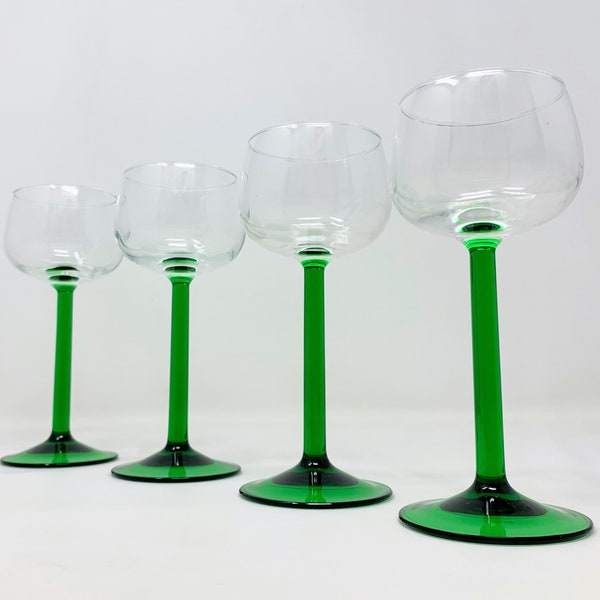 Set of Four Retro Vintage Cristal D’Arques - Durand Green Stem Rhine Wine Glasses (Straight Stem)