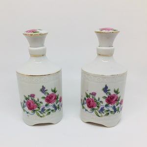 Vintage Floral Porcelain Glass Vanity Perfume Bottles with Stoppers,  Set of 2 Flower Vanity Perfume Bottles, Marked Japan, Vintage Vanity