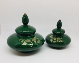 Vintage Hand Painted Covered Green Floral Candy Dish Compote Dish, Set of 2, Vanity Set, Trinket Dish, Console Decor, Mantel Decor