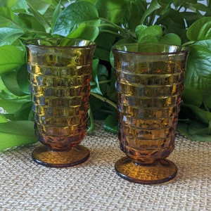 Vintage Amber Gold Cubed Footed Indiana Glass, Set of 2, Whitehall Colony Cubist Glass, Whitehall Footed Glasses, Amber Glass Tumbler