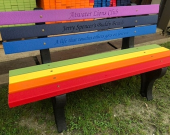 Buddy Bench in reverse Rainbows colors (purple on top) Made from recycled plastic boards and frames *Be the reason someone smiles today
