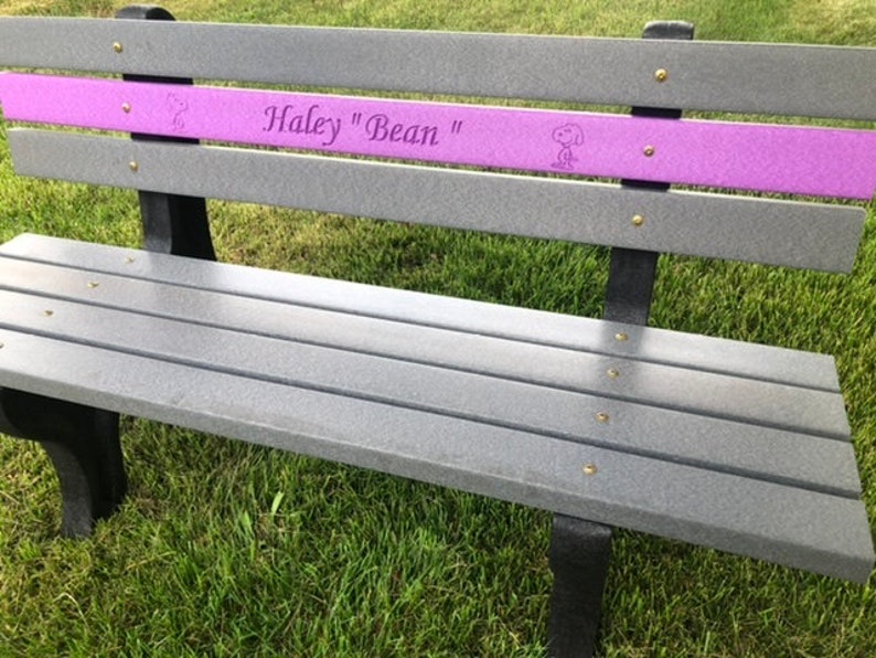 May include: A gray wooden bench with a purple stripe across the back. The stripe has the text "Haley "Bean"" and a cartoon dog on it.