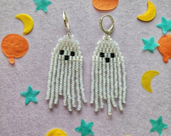 Halloween Ghost Beaded Earrings - Glass Beaded Opal Ghost Dangle Earrings