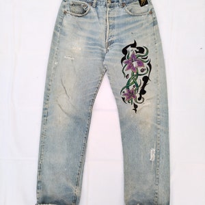 W32 Reworked 80s Vintage Levis 501 Distressed Jeans with Painting