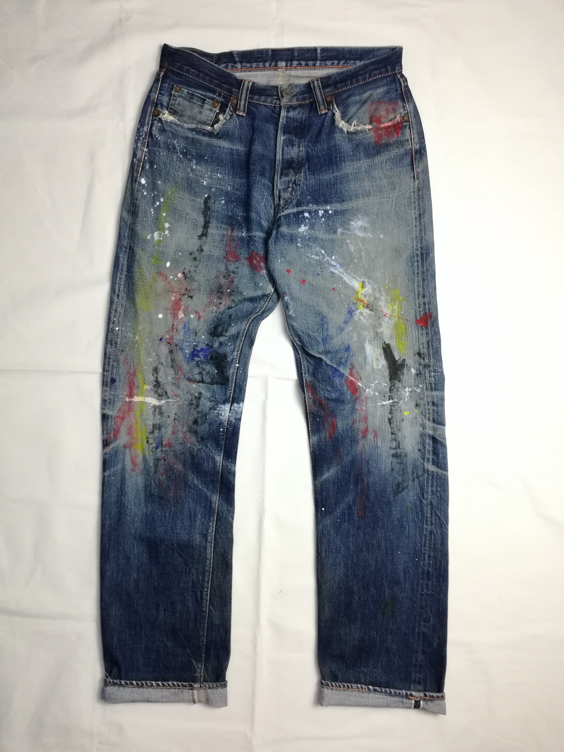 W31 Reworked Fullcount Selvedge Denim With Paint Splattered - Etsy