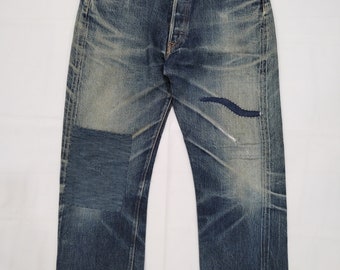 W32 Reworked DENIME Leather Patch Selvedge Jeans with Handstitched Patchwork