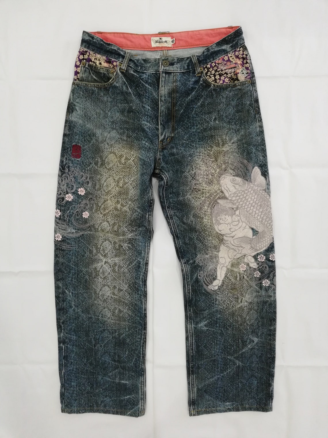 W33 Karakuri Tamashi Koi Fish Embroidery Jeans | Etsy