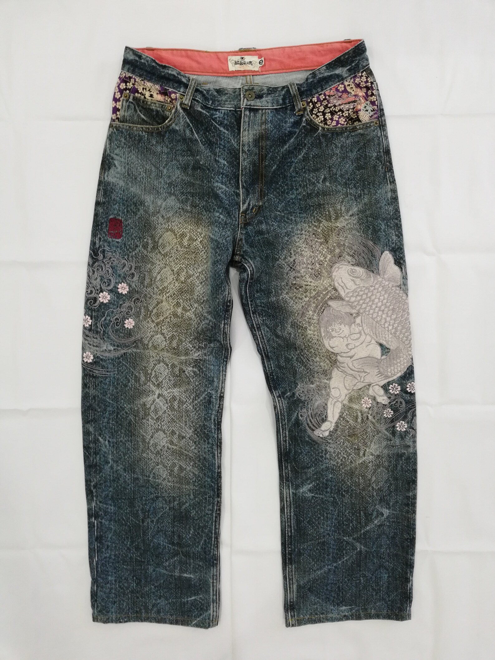 W33 Karakuri Tamashi Koi Fish Embroidery Jeans - Etsy