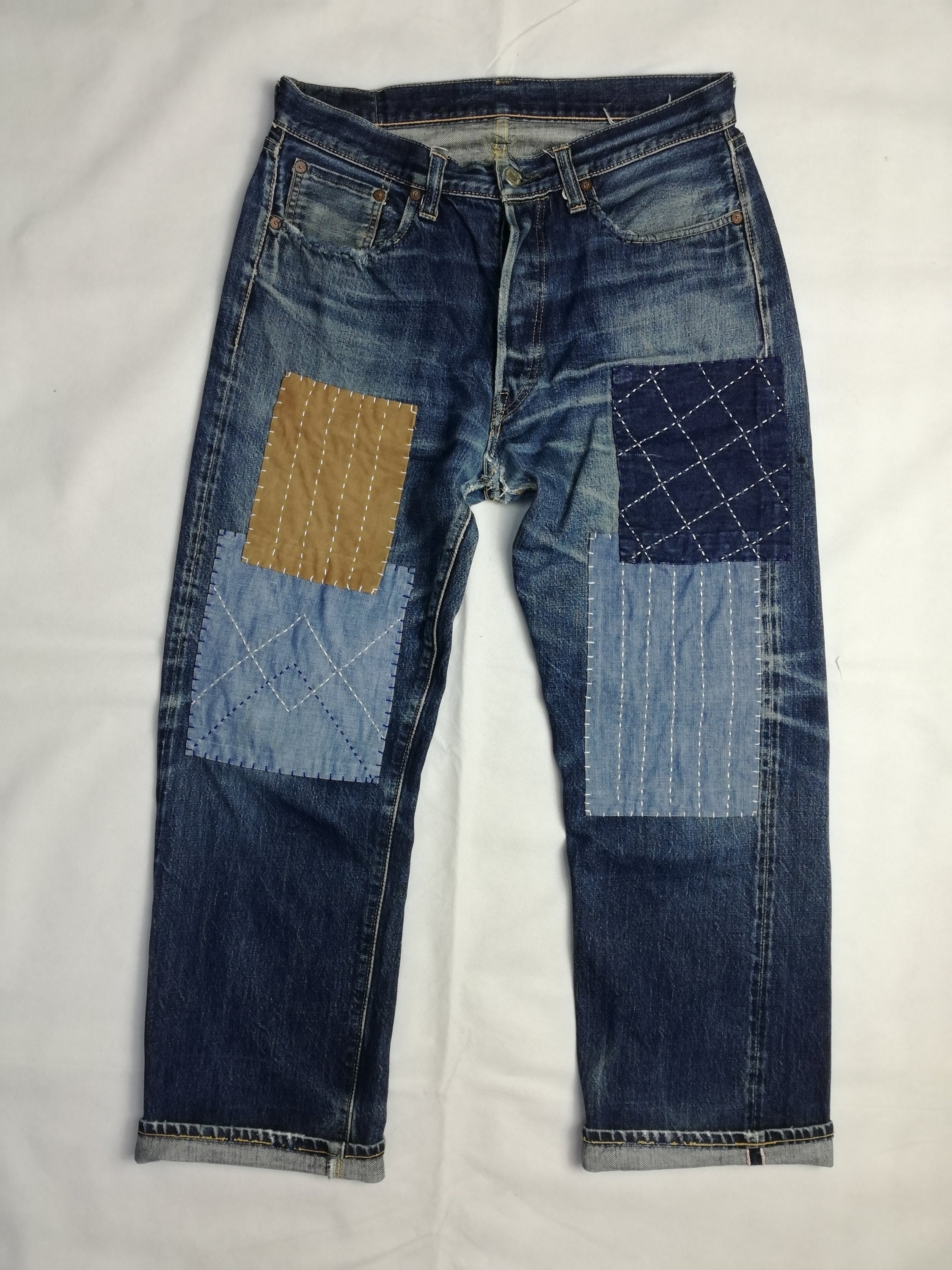 国内で当店のみ MADWITCH - PATCHWORK FRINGED DENIM JEANS W32 Reworked Sugarcane Selvedge Denim With Sashiko Patchwork