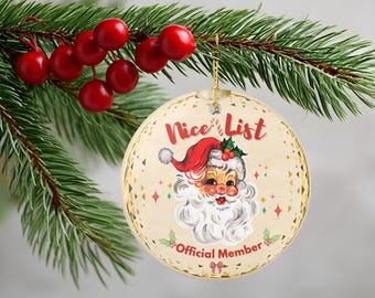 Retro Santa Ornament, Nice List Official Member, Vintage Christmas Ornament, Holiday Tree Decor, Traditional Old Fashioned Family Christmas