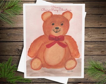 Beary Merry Christmas Cozy Teddy Bear Greeting Card, Watercolor Art Print, Illustration Card, Blank Inside, Nostalgic Traditional Holiday
