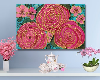 Tropical Gold Roses with Pink Plumeria, Vibrant Floral Art, Close-Up Rose Painting, Boho Chic Decor, Beach Inspired Canvas Print, Wall Art